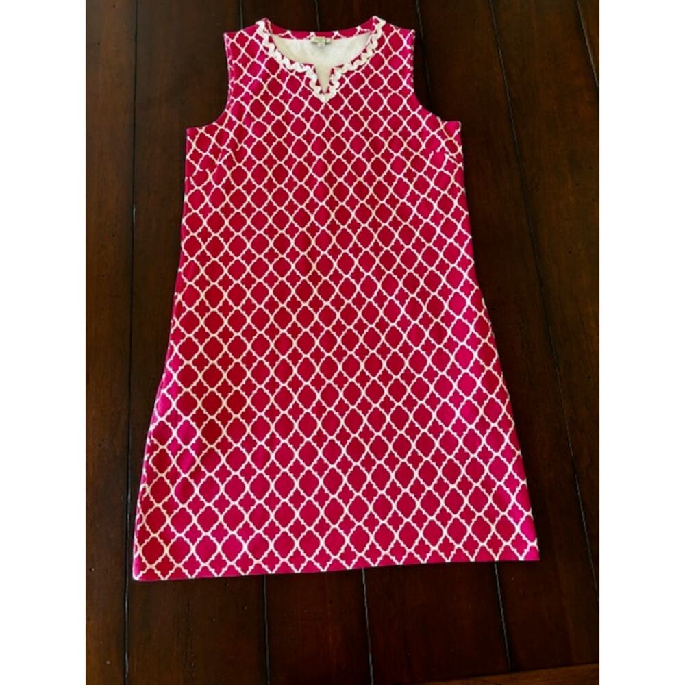 Talbots Petite Medium Pink Tunic Dress White Geometric Print Cotton Pockets
